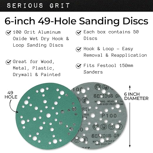 Serious Grit - 6-Inch 49-Hole 100 Grit Sanding Discs - Heavy-Duty Hook & Loop Film Discs - Sandpaper for Random Orbital Sanders - 50 Pack Box
