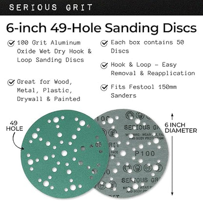 Serious Grit - 6-Inch 49-Hole 100 Grit Sanding Discs - Heavy-Duty Hook & Loop Film Discs - Sandpaper for Random Orbital Sanders - 50 Pack Box