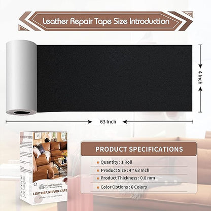 KING MOUNTAIN Leather Repair Patch,4 x 63 Inches self Adhesive Leather Repair Tape for Damaged Leather Furniture, Sofa Seating,Car Seats, Leather Goods（Fine Grained Black）