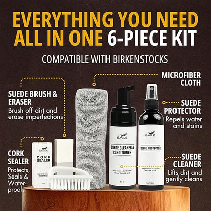 Eagle Sandal & Clog Care Kit – Compatible with Birkenstock – Suede Cleaner & Conditioner, Protector, Cork Renew, Brush, Eraser & Microfiber Cloth – 6-Piece Complete Shoe Cleaning Set