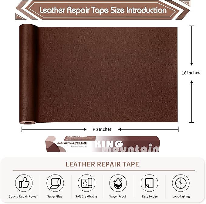 KING MOUNTAIN Leather Repair Patch,16 x 60 Inches self Adhesive Leather Repair Tape for Damaged Leather Furniture, Sofa Seating,Car Seats, Leather Goods（New Brown）