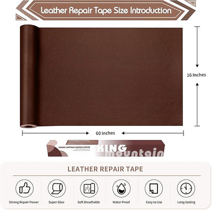 KING MOUNTAIN Leather Repair Patch,16 x 60 Inches self Adhesive Leather Repair Tape for Damaged Leather Furniture, Sofa Seating,Car Seats, Leather Goods（New Brown）