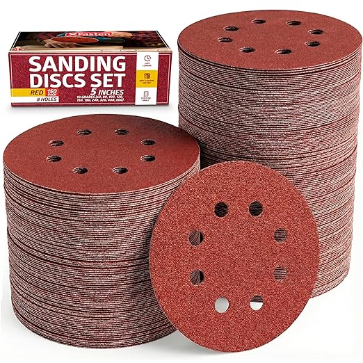 XFasten 5 Inch Sanding Discs Hook and Loop (150 PCS) Durable, Secure Hold 60 80 100 120 150 180 240 320 400 600 Grit 5 Sanding Disc Hook and Loop for Orbital Sander Sandpaper Assortment Pack