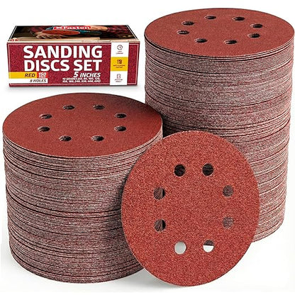 XFasten 5 Inch Sanding Discs Hook and Loop (150 PCS) Durable, Secure Hold 60 80 100 120 150 180 240 320 400 600 Grit 5 Sanding Disc Hook and Loop for Orbital Sander Sandpaper Assortment Pack