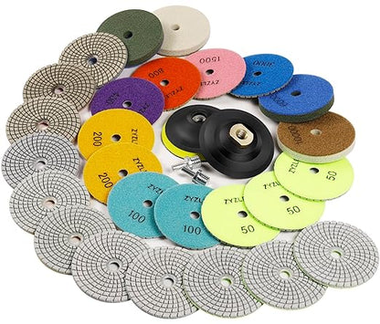 ZYZLE Diamond Polishing/Sanding Pads Wet/Dry 50-10000 Grit for Marble, Countertop, Quartz, Tile, Granite, Concrete, Stone - for Drill Grinder Polishers (5 INCH)