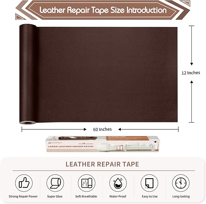KING MOUNTAIN Leather Repair Patch,12 x 60 Inches self Adhesive Leather Repair Tape for Damaged Leather Furniture, Sofa Seating,Car Seats, Leather Goods（Coffee Brown）