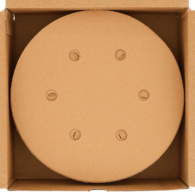 Dura-Gold Premium 100 Grit 6" Gold Sandpaper Discs, 6 Hole Pattern Dustless, Box of 50 - Hook & Loop Backing for DA Sander, Finishing Coarse Sanding Abrasive Automotive Paint, Woodworking Wood, Metal
