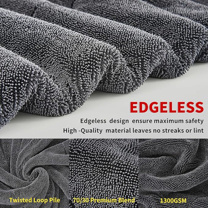 Wasal Car Drying Towel - 24" x 36" XL, Popular Pick Among Detailing Pro- 1300 GSM Microfiber Edgeless Twisted Loop Design - 70/30 Blend, Extra Large,Super-Fast Drying, Streak Free