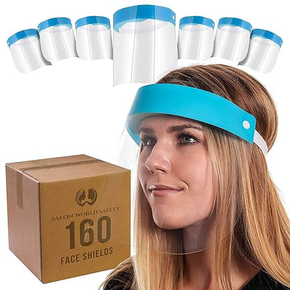 Salon World Safety 160 Face Shields (40 Packs of 4) - Ultra Clear Protective Full Face Shields to Protect Eyes, Nose and Mouth - Anti-Fog PET Plastic, Elastic Headband - Sanitary Droplet Splash Guard