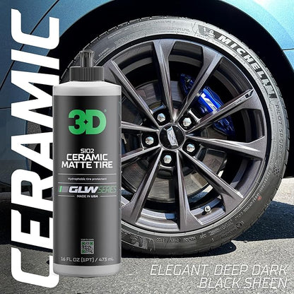 3D GLW Series SiO2 Ceramic Matte Tire Shine | Deep Matte Finish Tire Protectant | Hydrophobic & UV Resistant | Anti-Fade, No Sling | Pro Car Detailing |16 oz