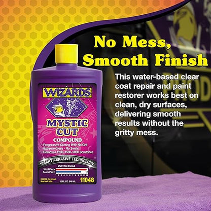 Wizards Mystic Cut Smart Abrasive for Auto Detailing Supplies - No Mess Scratch Remover for Vehicles - Water Based Cutting Compound - Removes Swirls, Defects, Fading, Water Spots - 32 oz