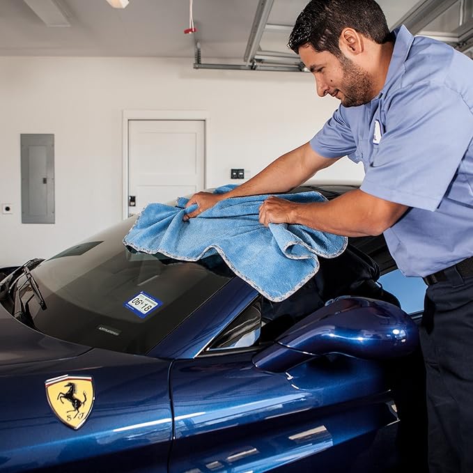 Detail Microfiber Car Towels Bulk (24"x 36") | 400 GSM | 80/20 Blend | Tagless | Soft Satin Piped Edges | All-Purpose Auto Detailing - Wax, Buff, Polish, Wash, Dry | Case of 64 (Blue)