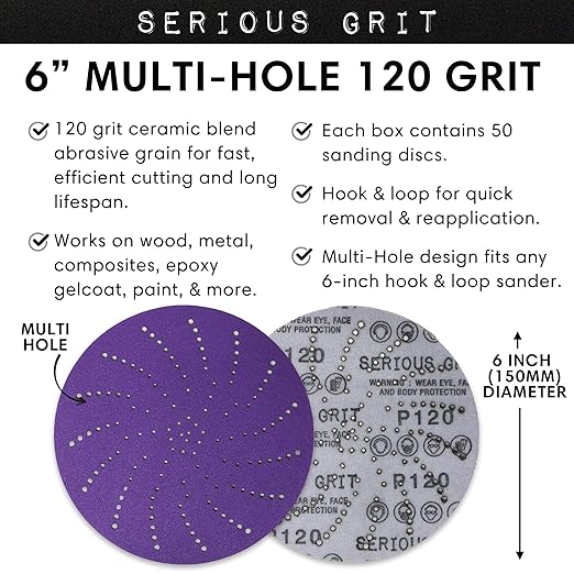 Serious Grit 6-Inch 120 Grit Ceramic Multi-Hole Hook & Loop Sanding Discs - Advanced Grain for Fast Cutting & Long Life - Film-Backed Universal Fit Sandpaper for 6-in Sanders - 50 Pack Box