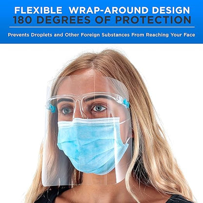 TCP Global Salon World Safety 200 Face Shields with Glasses Frames (20 Packs of 10) - Ultra Clear Protective Full Face to Protect Eyes, Nose, Mouth - Anti-Fog PET Plastic Sanitary Droplet Guard