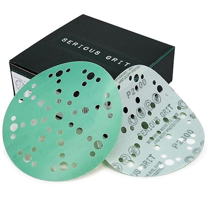 Serious Grit - 6-Inch 49-Hole 2000 Grit Sanding Discs - Heavy-Duty Hook & Loop Film Discs - Sandpaper for Random Orbital Sanders - 50 Pack Box