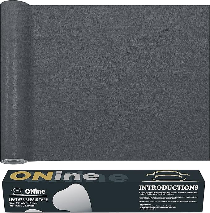 ONine Leather Repair Patch，Leather Repair Tape, 12 x 48 inches Leather Repair Patch for Furniture,Vinyl Repair Kit，Leather Couch Patch，for Sofas, Furniture, Car Seats, Office Chairs(Gray)