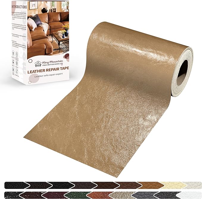 KING MOUNTAIN Leather Repair Patch,4 x 63 Inches self Adhesive Leather Repair Tape for Damaged Leather Furniture, Sofa Seating,Car Seats, Leather Goods（Khaki）