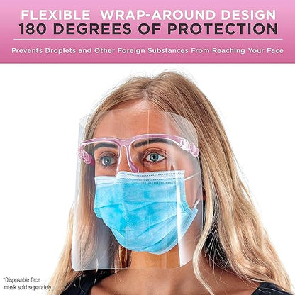 TCP Global Salon World Safety Face Shields with Pink Glasses Frames (Case of 500) - Ultra Clear Protective Full Face Shields to Protect Eyes, Nose, Mouth - Anti-Fog PET Plastic, Goggles