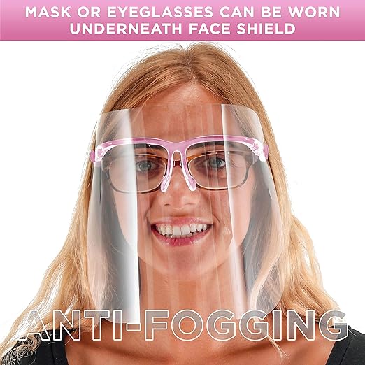 TCP Global Salon World Safety Face Shields with Pink Glasses Frames (Case of 500) - Ultra Clear Protective Full Face Shields to Protect Eyes, Nose, Mouth - Anti-Fog PET Plastic, Goggles