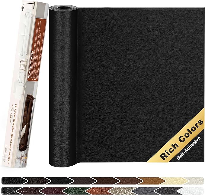 KING MOUNTAIN Leather Repair Patch,12 x 60 Inches self Adhesive Leather Repair Tape for Damaged Leather Furniture, Sofa Seating,Car Seats, Leather Goods（Fine Grained Black）