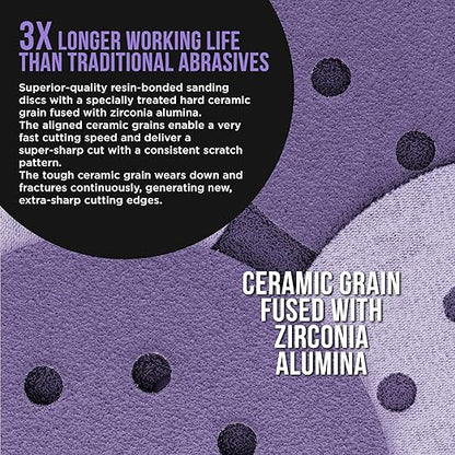 Dura-Gold Premium 60 Grit 5" Purple Film Ceramic Sanding Discs, 8-Hole Pattern, Box of 25 - Dustless Hook & Loop Backing Sandpaper for DA & Random Orbital Sanders - Sand Auto Paint, Wood, Woodworking