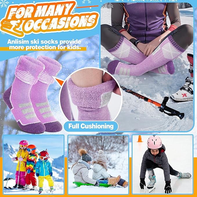 Anlisim Kids Merino Wool Ski Socks 3 Pairs Girls Boys Thermal Winter Warm Thick Breathable Socks for Skiing Snowboarding