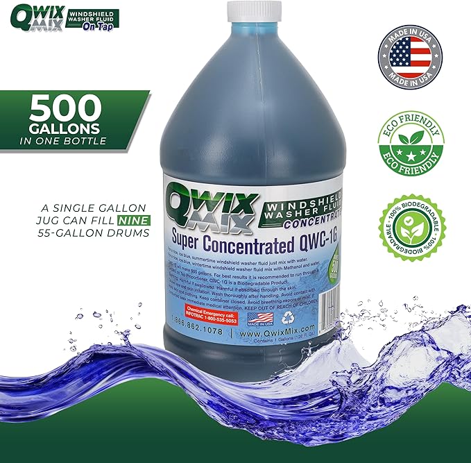 Qwix Mix 1-Gallon Windshield Washer Fluid Concentrate, Makes 500 Gallons, Biodegradable Bug, Grime & Dirt Remover Fluid, Commercial-Grade Streak-Free Glass Cleaner for Cars, Trucks & Fleets