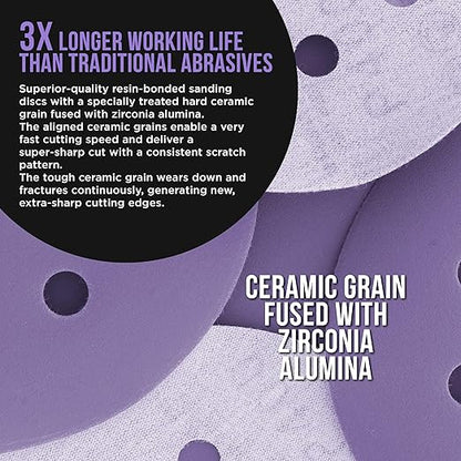 Dura-Gold Premium 800 Grit 5" Purple Film Ceramic Sanding Discs, 8-Hole Pattern, Box of 50 - Dustless Hook & Loop Backing Sandpaper for DA & Random Orbital Sanders - Sand Auto Paint, Wood, Woodworking
