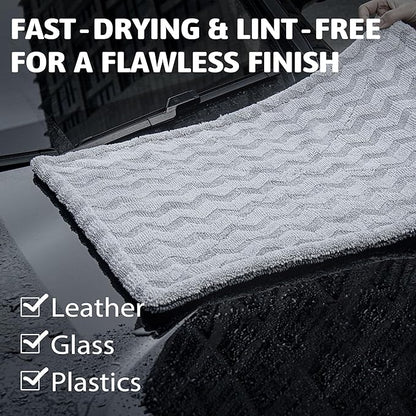 Greenfound Microfiber Towel for Cars, 1000GSM Car Drying Towel, Double Twist Pile & Edgeless Design, No Streaks, Scratches, or Water Spots, Soft and Absorbent, 18"×24", Wave Silver&Grey