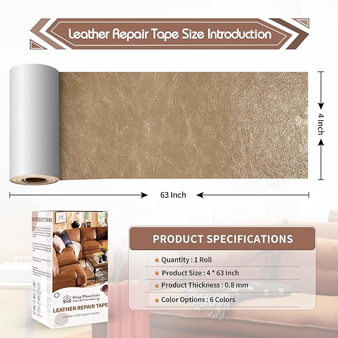 KING MOUNTAIN Leather Repair Patch,4 x 63 Inches self Adhesive Leather Repair Tape for Damaged Leather Furniture, Sofa Seating,Car Seats, Leather Goods（Khaki）