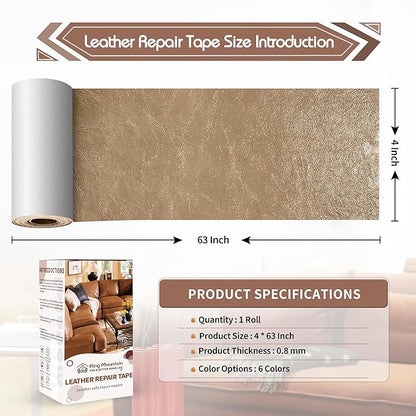 KING MOUNTAIN Leather Repair Patch,4 x 63 Inches self Adhesive Leather Repair Tape for Damaged Leather Furniture, Sofa Seating,Car Seats, Leather Goods（Khaki）