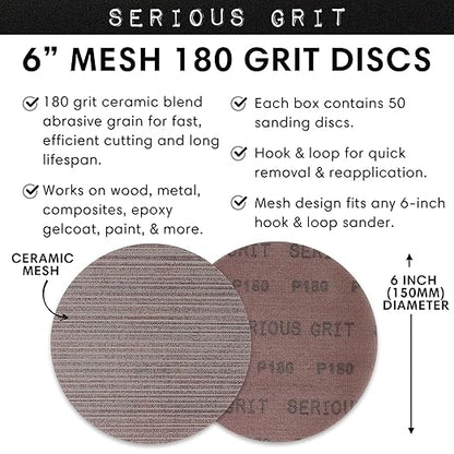 Serious Grit - 6-Inch 180 Grit Ceramic Mesh Sanding Discs - Hook & Loop Dust-Free Net Abrasive for Wood, Drywall, Paint, Auto Body - Long Life Ceramic Grain - Universal Fit 125mm Sandpaper - 50 Pack