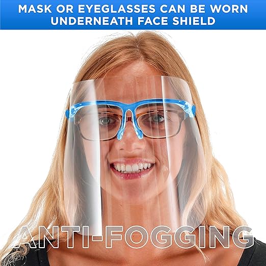 TCP Global Salon World Safety Face Shields with Blue Glasses Frames (Case of 200) - Ultra Clear Protective Full Face Shields to Protect Eyes, Nose, Mouth - Anti-Fog PET Plastic, Goggles