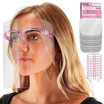TCP Global Salon World Safety Face Shields with Pink Glasses Frames (Pack of 10) - Ultra Clear Protective Full Face Shields