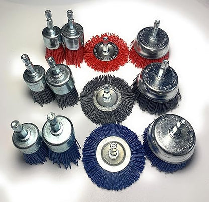 Signi 12 Pack Nylon Bristle Filament Abrasive Brush Drill Wheel and Cup Brush Set with 1/4 Inch Shank, Surface prep Remove Rust/Corrosion/Paint (2.5" Wheel, Hex Shank)