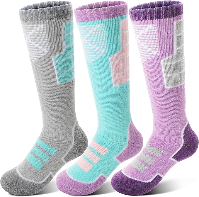 Anlisim Kids Merino Wool Ski Socks 3 Pairs Girls Boys Thermal Winter Warm Thick Breathable Socks for Skiing Snowboarding