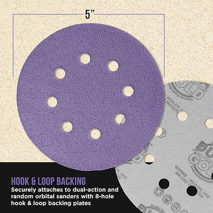 Dura-Gold Premium 5" Purple Film Ceramic Sanding Discs, 8-Hole Pattern, 50 Disc Variety Pack, Grits 60, 80, 120, 180, 220, 320, 400, 600, 800, 1000 - Hook & Loop Sandpaper, DA & Random Orbital Sander