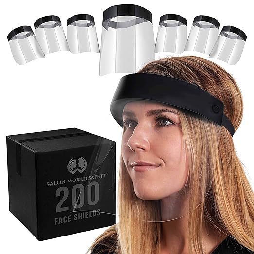 Salon World Safety 200 Black Face Shields (20 Packs of 10) - Ultra Clear Protective Full Face Shields to Protect Eyes, Nose and Mouth - Anti-Fog PET Plastic, Elastic Headband - Sanitary Droplet Guard