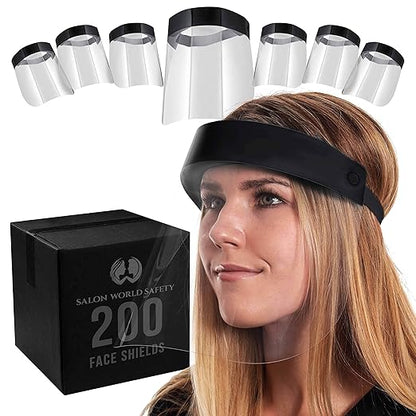 Salon World Safety 200 Black Face Shields (20 Packs of 10) - Ultra Clear Protective Full Face Shields to Protect Eyes, Nose and Mouth - Anti-Fog PET Plastic, Elastic Headband - Sanitary Droplet Guard