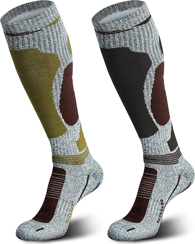 Merino Wool Ski Socks 2 Pairs for Mens Womens Knee High Thermal Snowboarding Socks for Cold Weather
