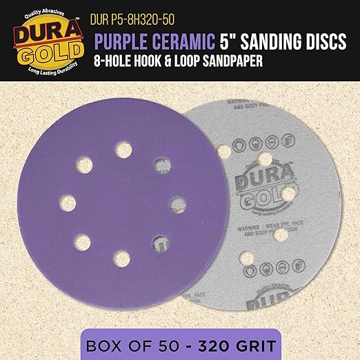 Dura-Gold Premium 320 Grit 5" Purple Film Ceramic Sanding Discs, 8-Hole Pattern, Box of 50 - Dustless Hook & Loop Backing Sandpaper for DA & Random Orbital Sanders - Sand Auto Paint, Wood, Woodworking