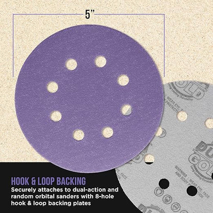 Dura-Gold Premium 180 Grit 5" Purple Film Ceramic Sanding Discs, 8-Hole Pattern, Box of 50 - Dustless Hook & Loop Backing Sandpaper for DA & Random Orbital Sanders - Sand Auto Paint, Wood, Woodworking
