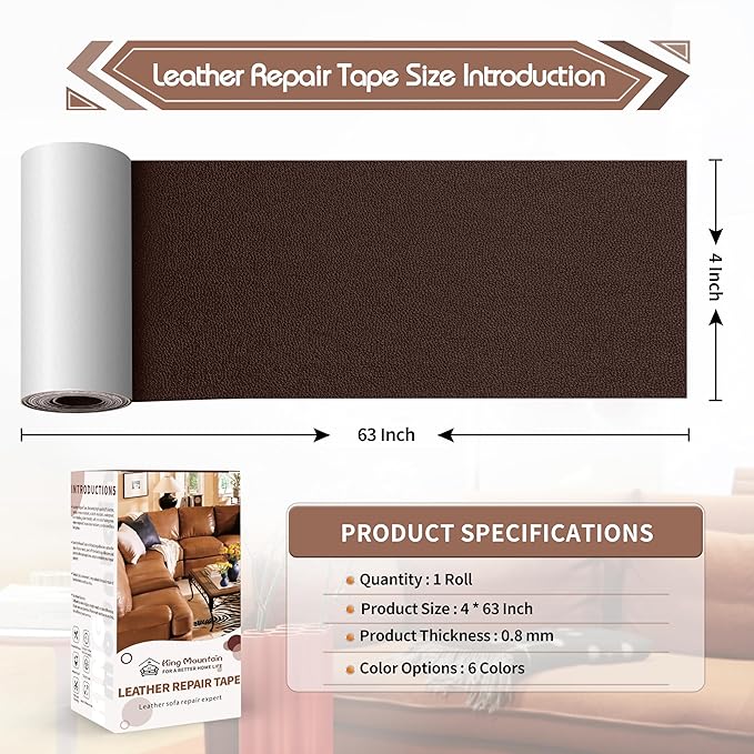 KING MOUNTAIN Leather Repair Patch,4 x 63 Inches self Adhesive Leather Repair Tape for Damaged Leather Furniture, Sofa Seating,Car Seats, Leather Goods（Coffee Brown）