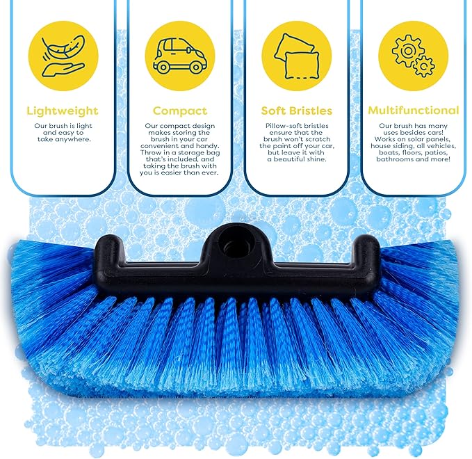 SCRUBIT 12" Car Wash Brush with Soft Bristles for Car Truck Boat Deck & House Cleaning, Exterior Washing Brush Connects with Pole & Hose Storage Bag Included (Blue)