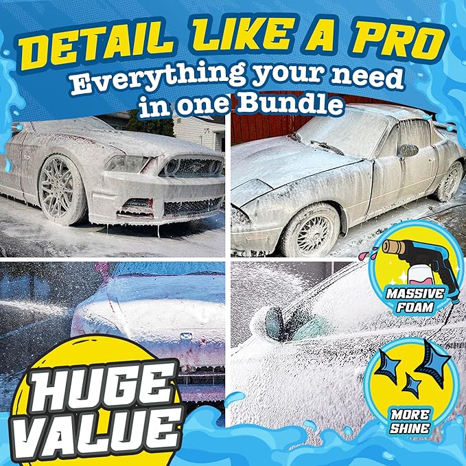 Salty Captain Mega 20-Piece DIY Car Cleaning Kit – All-in-One Car Detailing Kit with 2X Buckets, Towels, Brushes & 6X Cleaning Fluids – Captain’s Musket Foam Gun for Garden Hose – Premium Quality