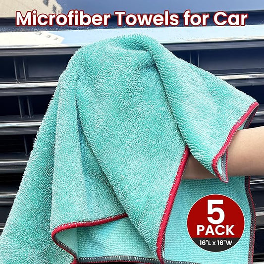 Greenfound Microfiber Cleaning Cloth 5 Pack, 15" x 15" Microfiber Towels for Cars, Lint Free Cloth for House, Kitchen and Window, Green