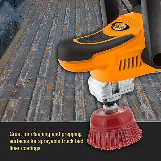 Dura-Gold 4" Abrasive Filament Nylon Bristle Cup Brush - 5/8" 11 Thread, 1/4" Hex Drill Shank Arbor, Coarse Grit Angle Grinder Brush for Truck Bed Liner Surface Prep, Sanding, Rust & Paint Removal