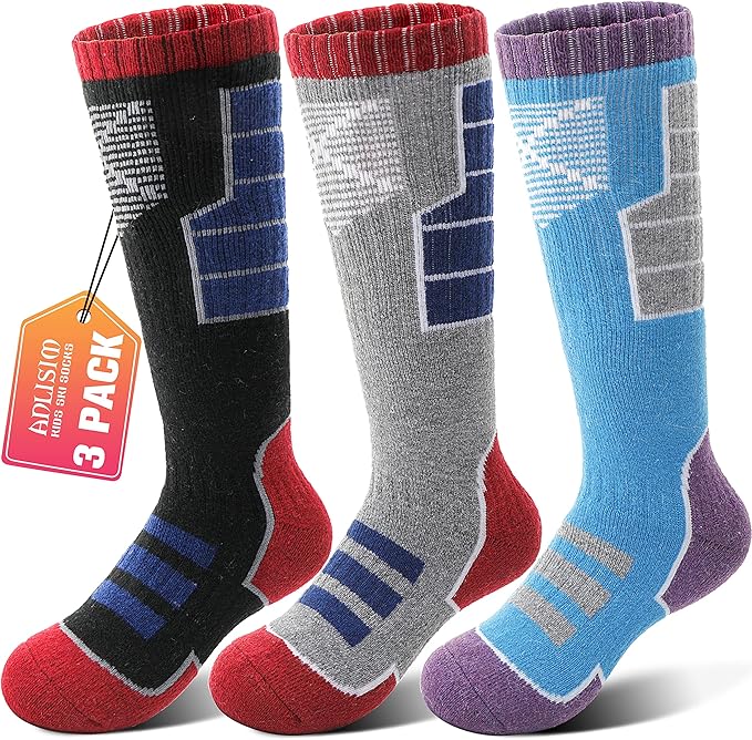 Anlisim Kids Merino Wool Ski Socks 3 Pairs Girls Boys Thermal Winter Warm Thick Breathable Socks for Skiing Snowboarding
