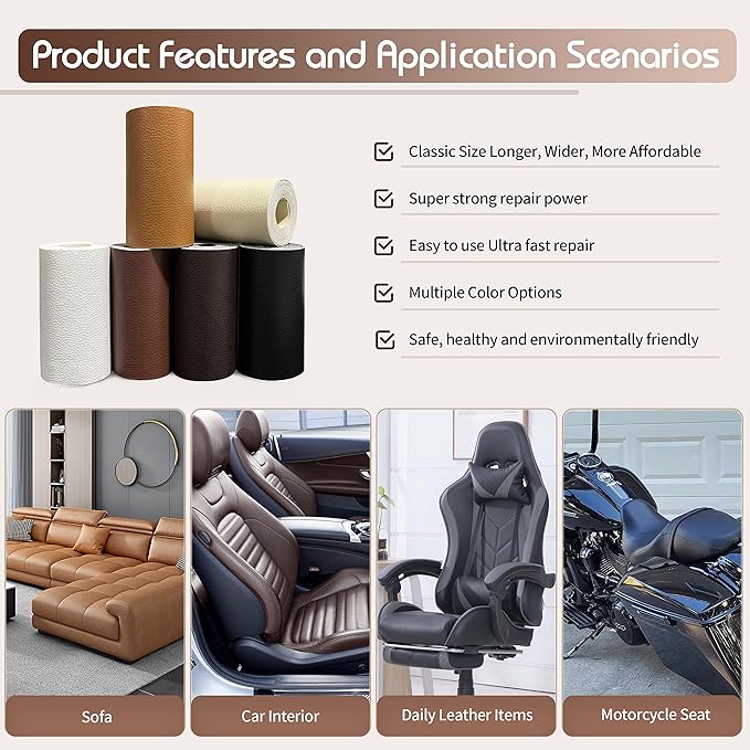 KING MOUNTAIN Leather Repair Patch,4 x 63 Inches self Adhesive Leather Repair Tape for Damaged Leather Furniture, Sofa Seating,Car Seats, Leather Goods（Fine Grained Dark Brown）