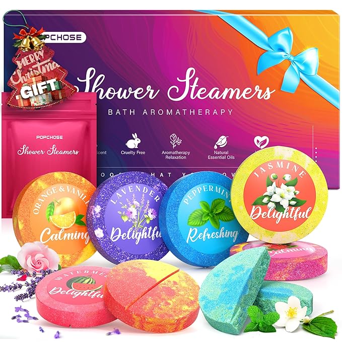 POPCHOSE Shower Steamers Aromatherapy, Stocking Stuffers for Women, Christmas Gifts for Teens and Women, Self Care & Home Spa Gifts for Mom, Men, Dad, and Teens, 8 Scented with Gift Packaging
